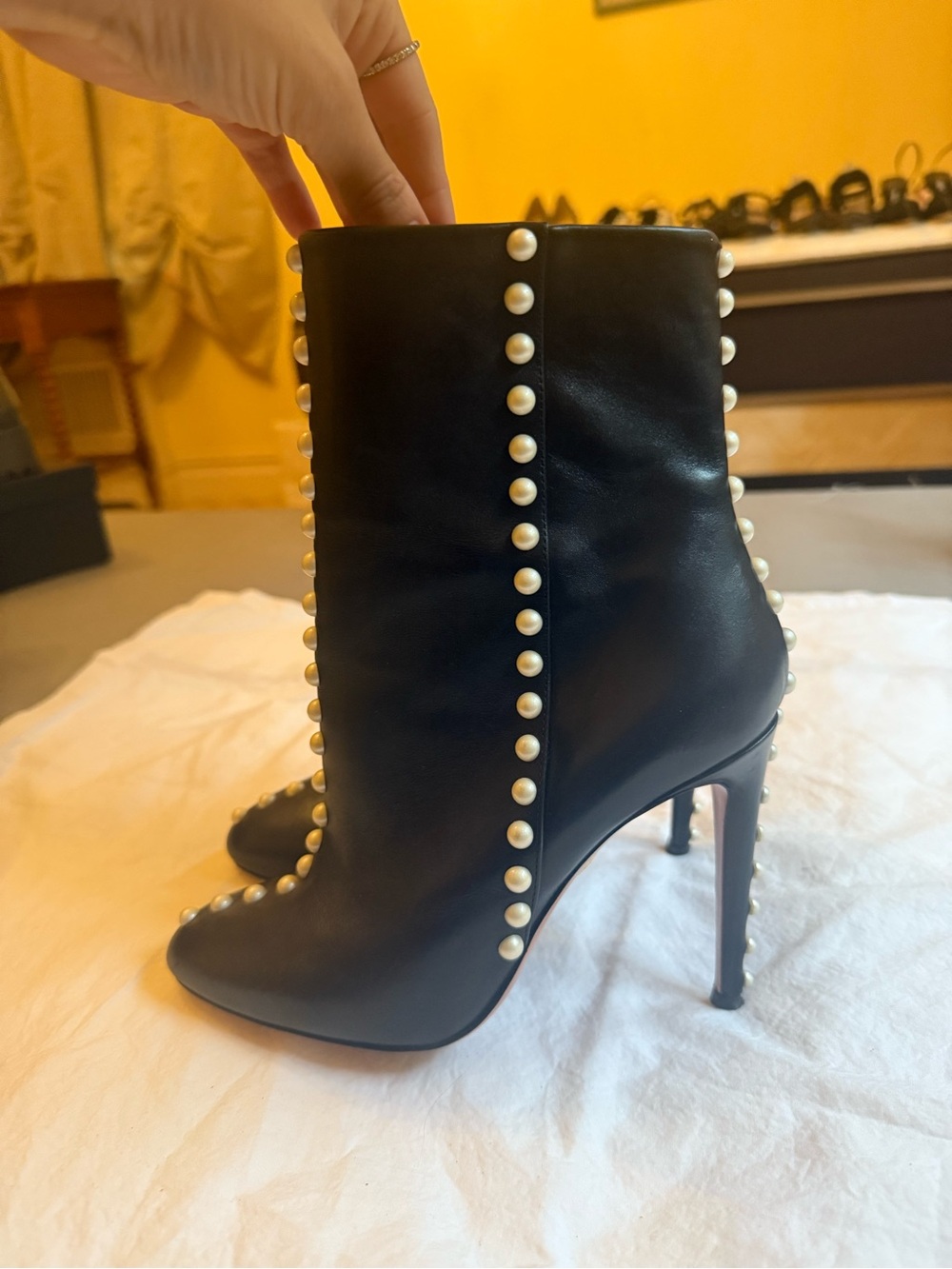 Aquazzura Black Leather Pearl-Trim Ankle Boots